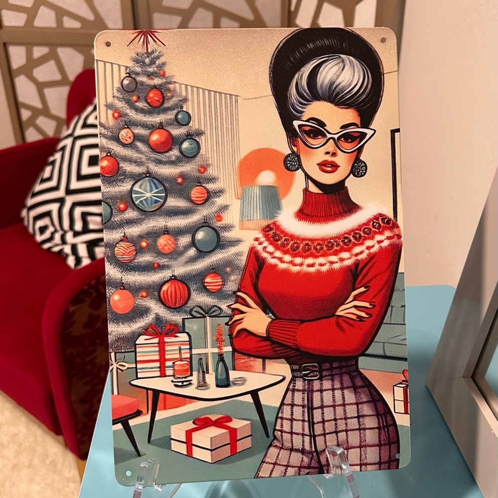 Retro Holiday Metal Sign with Red and Black Accents